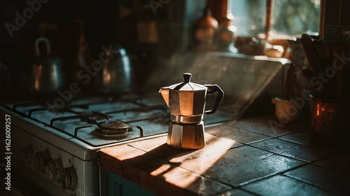Sunlight illuminates a vintage espresso maker on a kitchen counter.