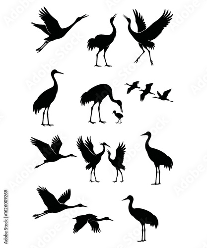 丹頂鶴のシルエットイラストセット