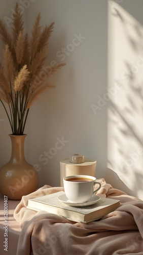 Cozy Reading Nook with Tea, Open Book, and Soft Natural Light