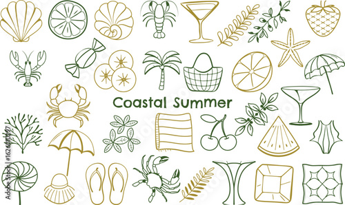 Vibrant illustration featuring coastal summer elements like seashells, cocktails, palm trees, and beach accessories, evoking lively and tropical atmosphere