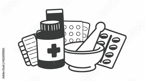 Illustration of medicine bottle and pills with mortar and pestle in monochrome style drawing created with generated ai