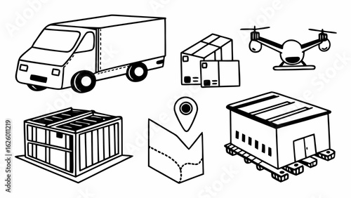 Illustration of a delivery van boxes drone container map and warehouse in black and white outline style created with generated ai
