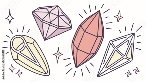 Illustration of four sparkling crystals in different shapes and colors with small stars around them created with generated ai