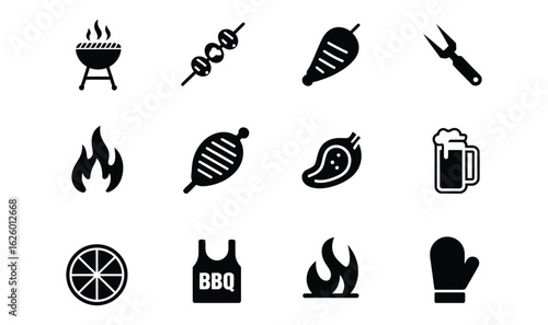 black silhouette icon set of twelve barbecue-themed items including grill, skewer, steak, beer mug, fork, flame, apron and mitt on grid layout