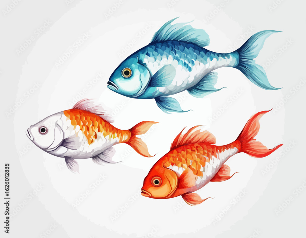Fototapeta premium The fish are rendered in a realistic, illustration style with rich orange and gold colors and subtle shading that gives them a three-dimensional quality.