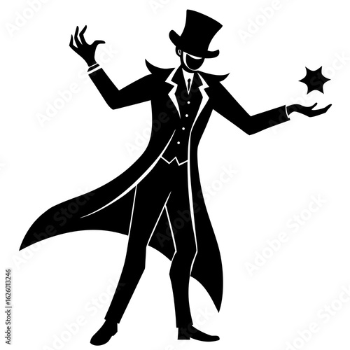 Magician performing illusion with star silhouette black