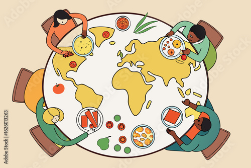 Diverse group of people sharing a global meal around a table representing the earth