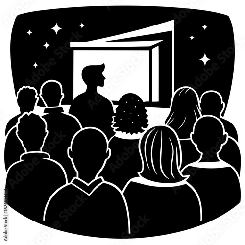 People watching outdoor movie under starry night audience