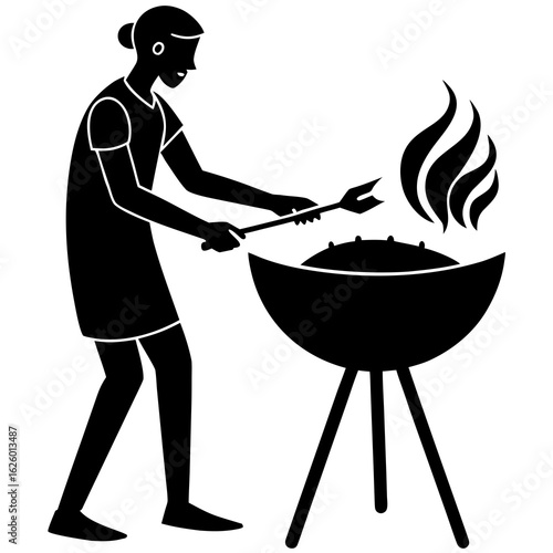 Person grilling food on barbecue cooking