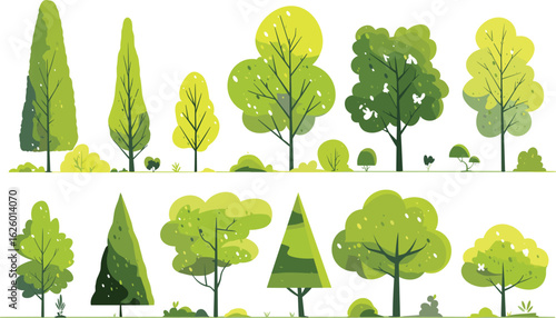 Botanical Variety: An array of hand-drawn illustration, each depicting a distinct tree, capturing the diversity of arboreal forms and foliage within an environment.
