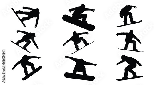black silhouette illustration of snowboarders performing aerial tricks and jumps, capturing dynamic movement and extreme winter sports action