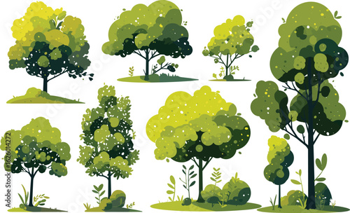 Collection of Animated Trees in Nature's Embrace: A delightful collection of animated trees, each bursting with lush, vibrant green leaves. These images bring the essence of nature to life. 