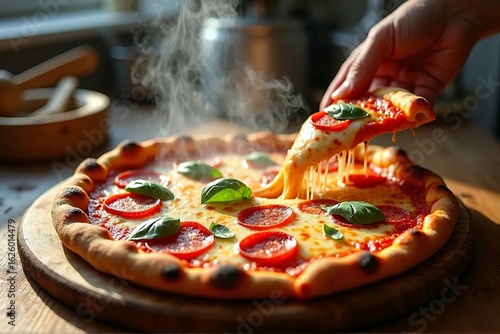 Cheesy Pizza Close Up with Melting Mozzarella and Crispy Crust