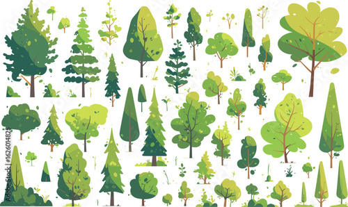 Array of Green Trees Collection: A diverse array of green trees, showcasing various shapes, sizes, and species in a vibrant, natural landscape illustration.