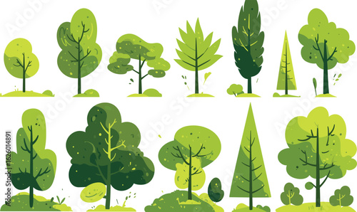 Variety of Trees illustration: A charming collection of diverse trees, each boasting its unique silhouette and lush green foliage. A versatile illustration, perfect for conveying themes of nature.