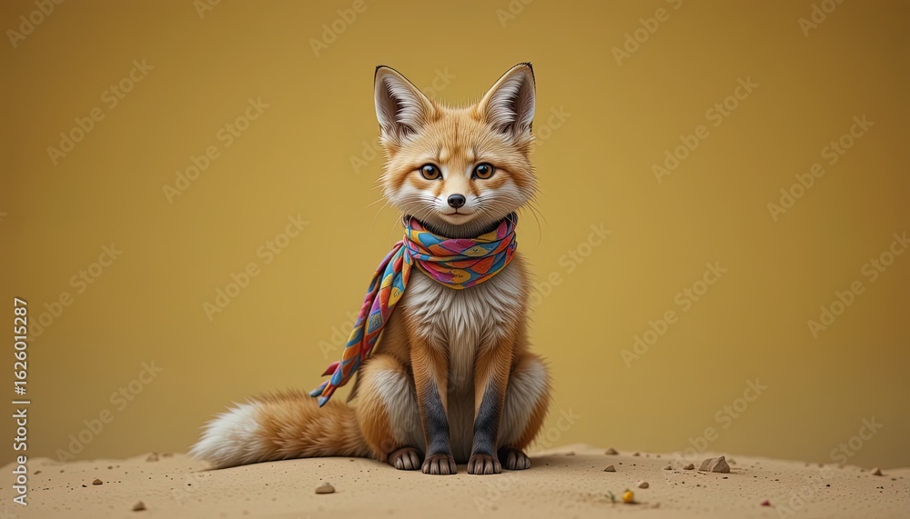 Fototapeta premium A charming fox wearing a colorful scarf sits on a sandy surface.