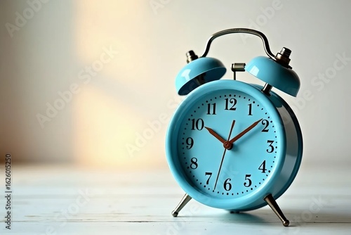 Vintage Blue Retro Alarm Clock Close Up on White Background