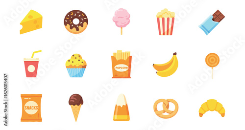 colorful cartoon illustration of assorted snack foods including donut, popcorn, fries, cupcake, chips and chocolate arranged in grid format