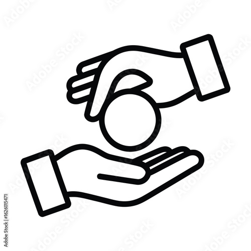 Hand-to-hand coin donation Icon, Vector, Illustration, Outline, Line Art, Silhouette, Logo, White Background.