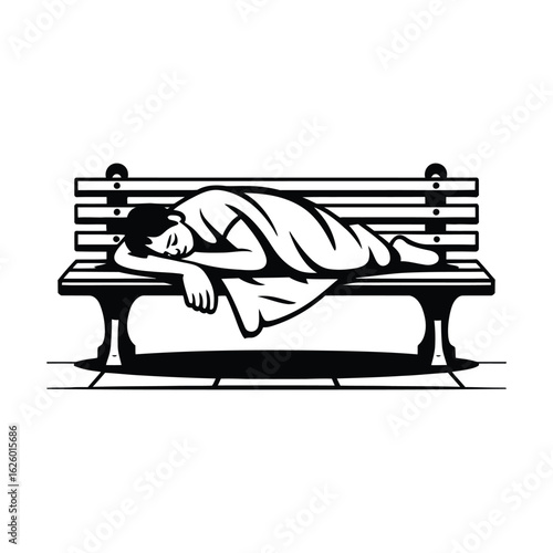 Homeless person sleeping on a bench Icon, Vector, Illustration, Outline, Line Art, Silhouette, Logo, White Background.