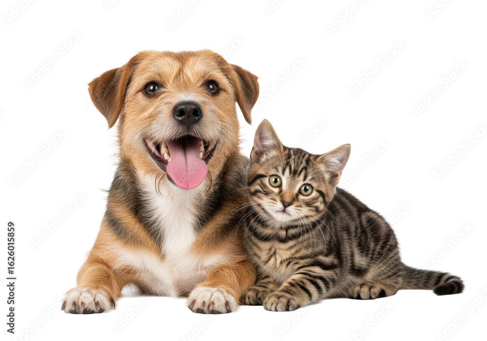 Fototapeta premium Happy shaggy terrier mix dog and fluffy brown tabby kitten, nestled on a transparent studio background with soft high-key lighting and copy space, concept of interspecies pet friendship