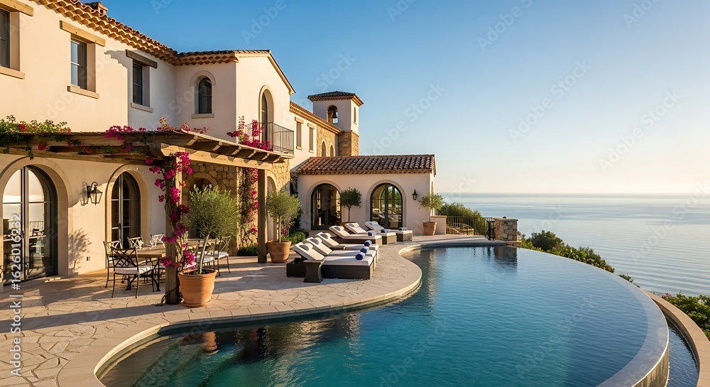 Fototapeta premium Luxurious Mediterranean villa with infinity pool overlooking the expansive ocean view