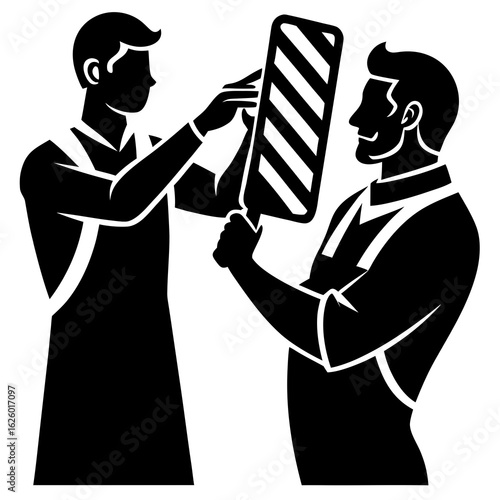 Barber cutting hair with mirror client