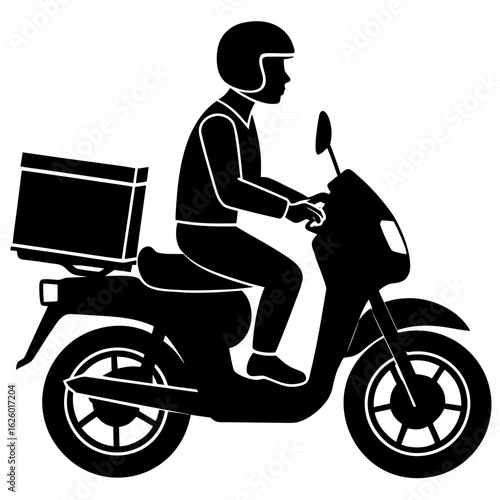 Black motorbike courier with delivery box scooter rider
