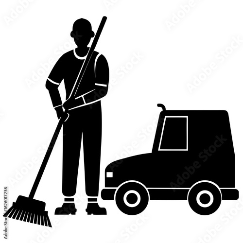 Black silhouette cleaner with broom and vehicle street cleaner