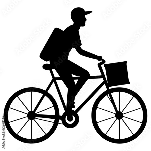 Black silhouette delivery cyclist on bicycle white