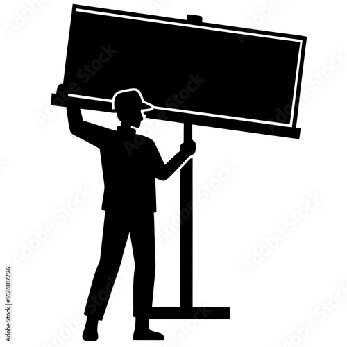 Black silhouette man installing large billboard person