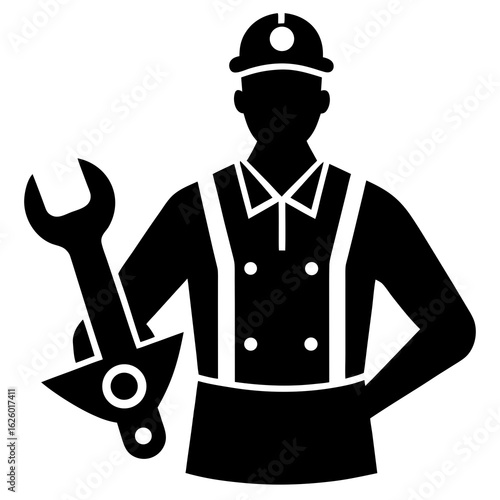 Black silhouette mechanic holding wrench white