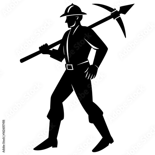 Black silhouette miner holding pickaxe white