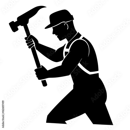 Black silhouette of a carpenter with a hammer hammering