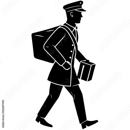 Black silhouette of a mail carrier walking postman