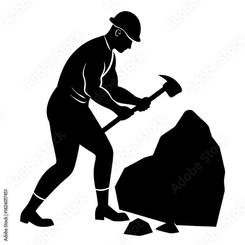 Black silhouette of a man chiseling rock stone mason