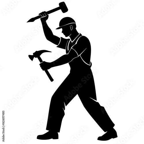 Black silhouette of a man hammering carpenter vector