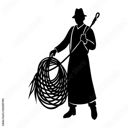 Black silhouette of a man with rope and tool white