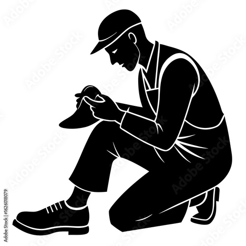 Cobbler repairing shoe silhouette black vector shoe repair