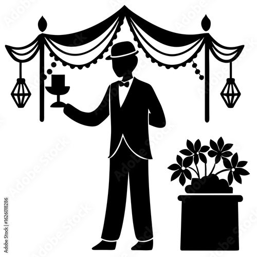 Man holding candle under draped fabric silhouette black