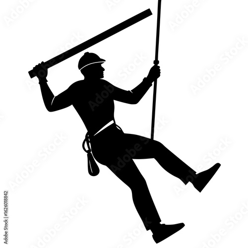 Worker rappelling with cleaning tool silhouette
