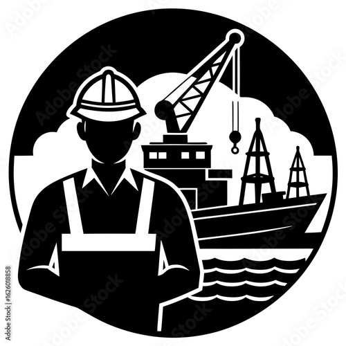 Worker with ship and crane hard hat overalls