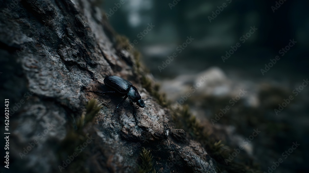 Fototapeta premium Beetle crawling on the textured bark of a tree in a dense forest