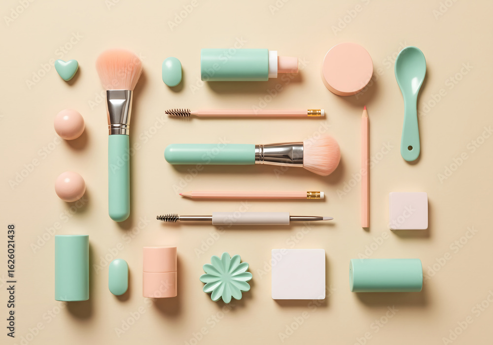 flatlay of pastel cosmetic accessories and personal care items
flatlay of pastel cosmetic accessories and personal care items