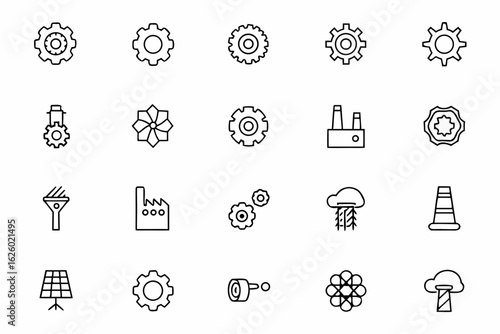 An abstract line art set showing the power and structure of factories with mechanical and industrial vibes — great for posters, logos, and product packaging.