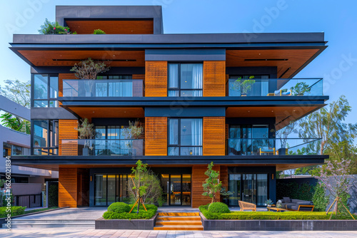 Contemporary apartment building with sleek lines and glass panels.