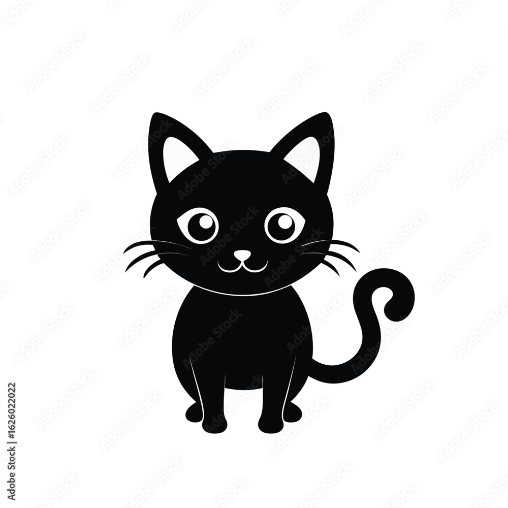 Obraz premium A simple, stylized illustration of a black cat with large white eyes and a playful, curly tail, presented on a white background.