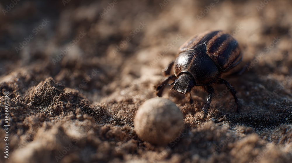 Scarab beetle rolling a ball of dung in the desert Scarab beetle rolling a ball of dung in the desert