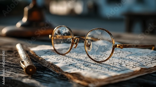 Antique spectacles resting on aged manuscript pages.