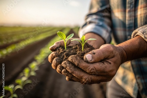 Close-up of a farmworker’s calloused hands holding soil and seedlings,